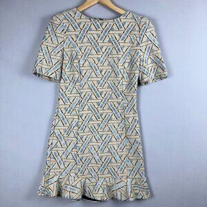 Marfa Geometric Mini Dress Womens Size M Lined Peplum Hem Puff Sleeve Tan Blue